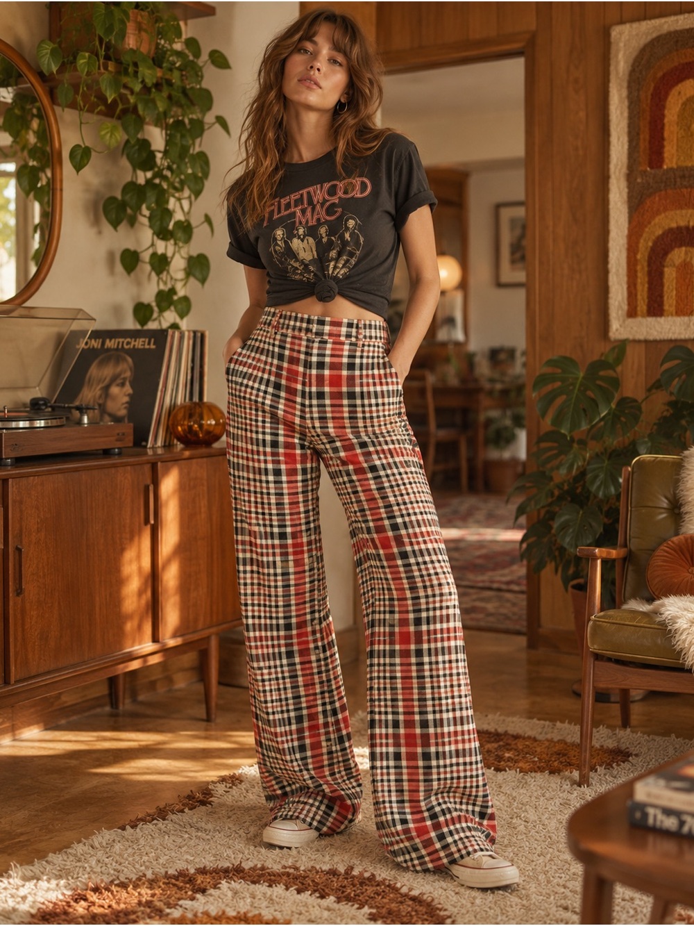 Free People Wide Leg Plaid Pants - Black Red Cream